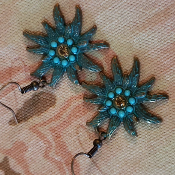 Turquoise Flower Earrings Sun Earrings Tarnish Boho Nature - Picture 6 of 9